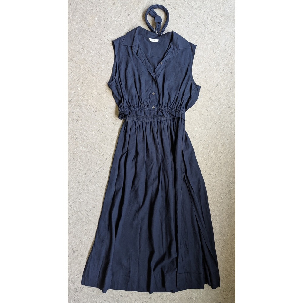 S.NNE Abigail Navy Blue Rayon Linen Sleeveless Midi Dress Two Piece Set Pockets